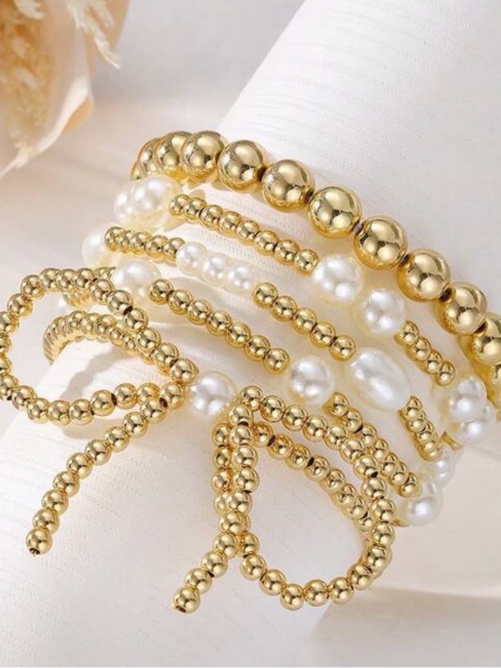Elegant Gold and Pearl Beaded Bracelet Stack